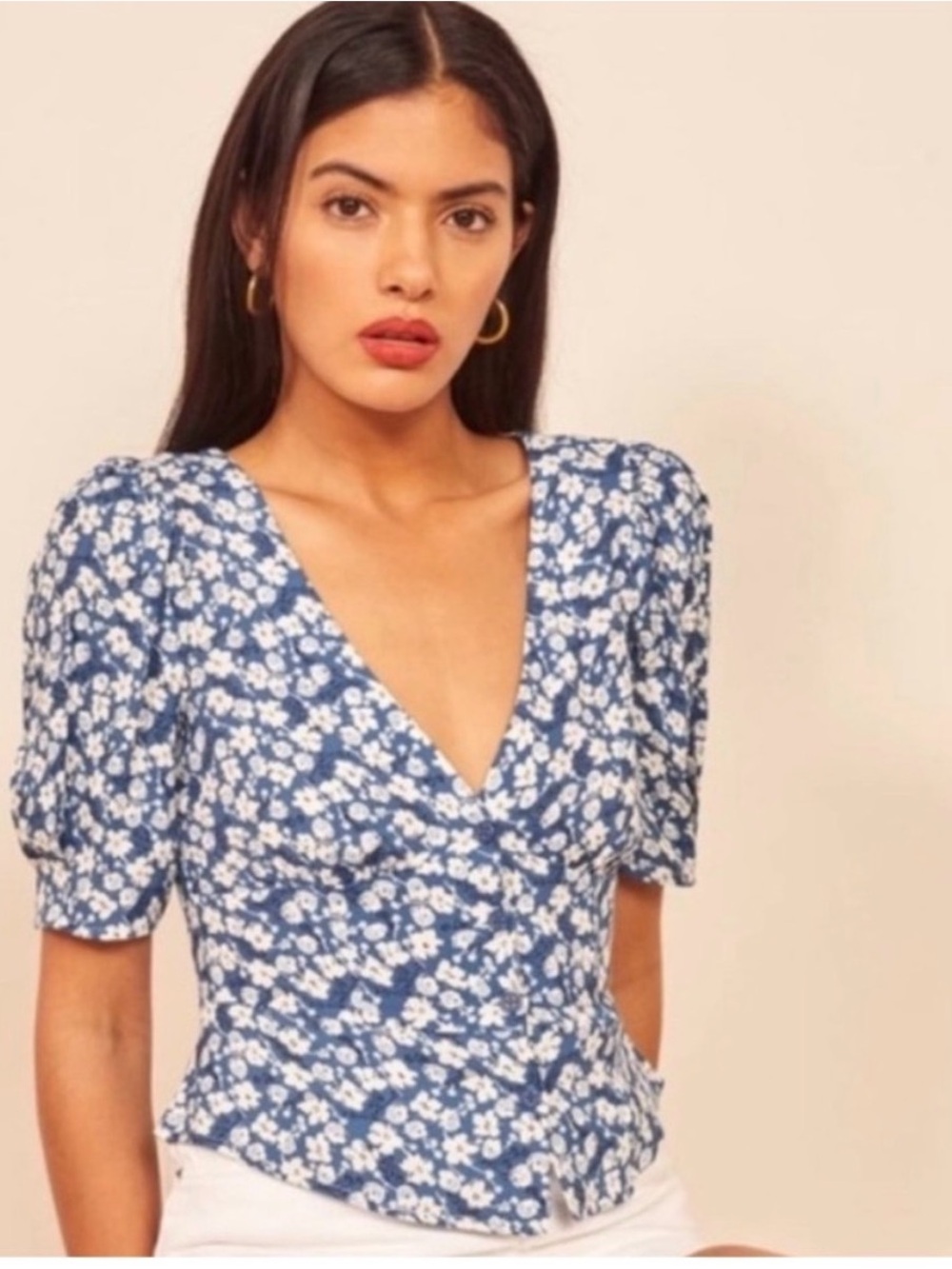 Reformation Blue and White Floral V-Neck Puff Sleeve Blouse